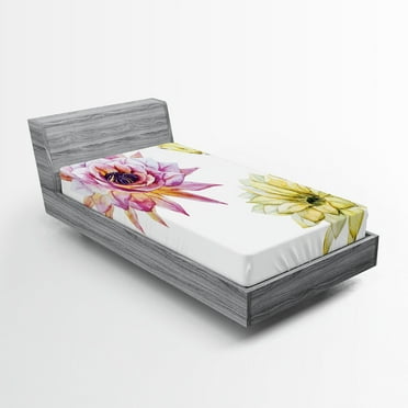 Ambesonne Cactus Fitted Sheet, Watercolored Flowers, Twin XL Size, Pink and White