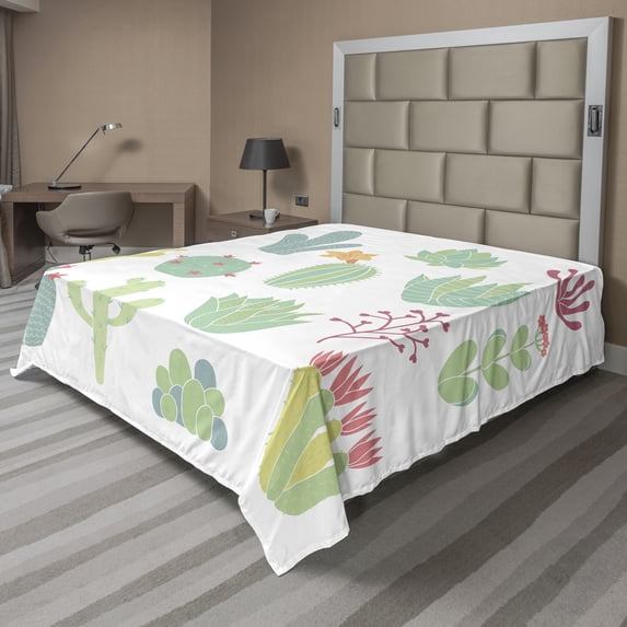 Ambesonne Cactus Flat Sheet, Hand Drawn Style Cacti, Queen Size, Multicolor