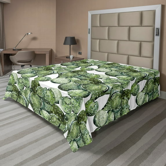 Ambesonne Cactus Flat Sheet, Opuntia Plant Watercolor, Queen Size, Green White