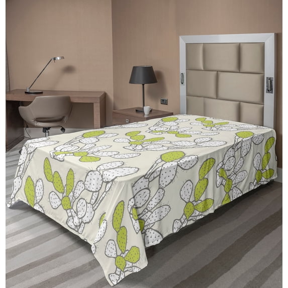 Ambesonne Cactus Flat Sheet, Pastel Exotic Cacti Drawing, TwinXL Size, Yellow Green and Eggshell
