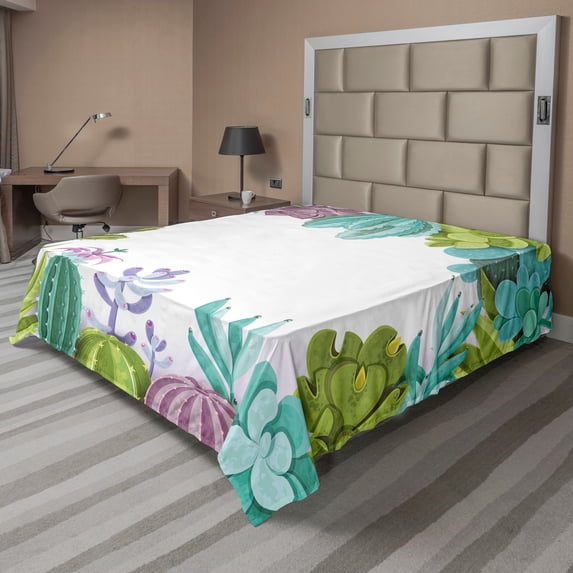 Ambesonne Cactus Flat Sheet, Succulents Plants Frame, California King, Multicolor