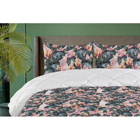 Ambesonne Cactus Flowers Down Alternative Quilt Comforter, Modern Desert Floral, Twin, Dark Teal Pale Pink