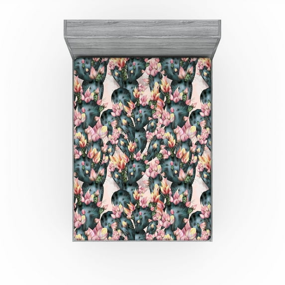 Ambesonne Cactus Flowers Fitted Sheet, Modern Desert Floral, King Size, Dark Teal Pale Pink