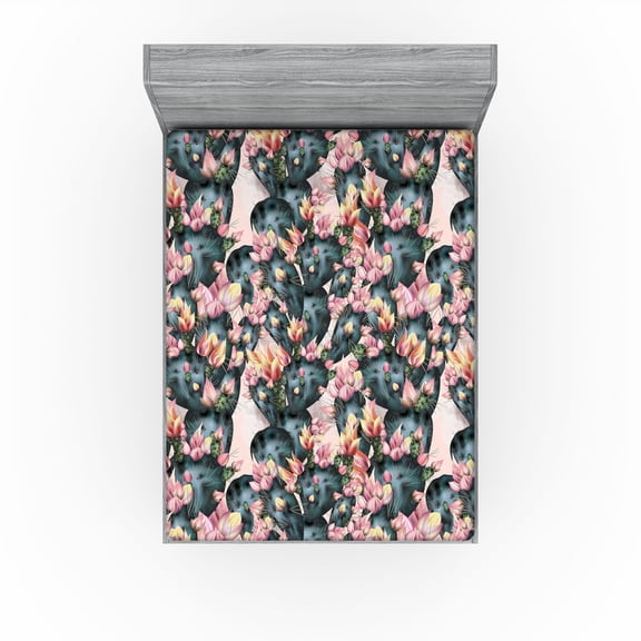 Ambesonne Cactus Flowers Fitted Sheet, Modern Desert Floral, Queen Size, Dark Teal Pale Pink