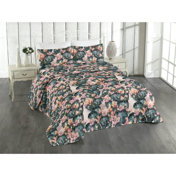 Ambesonne Cactus Flowers Quilted Bedspread Set 3 Pcs, Modern Desert Floral, King, Dark Teal Pale Pink