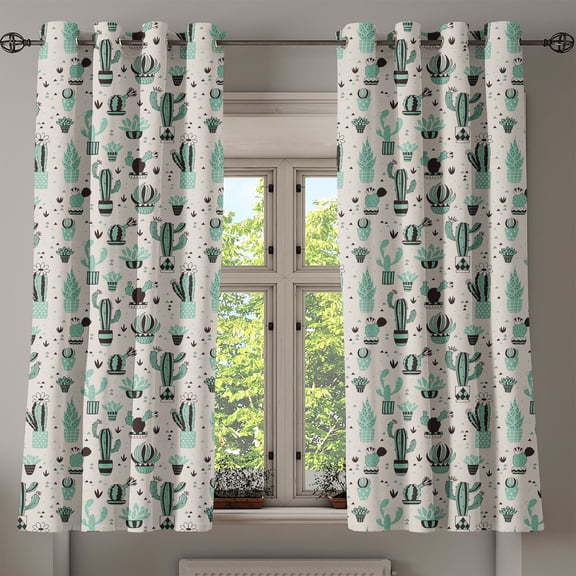 Ambesonne Cactus Grommet Curtain, Geometric Cartoon Plant, 50" x 54", Mint Black Beige