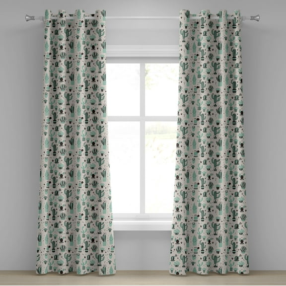 Ambesonne Cactus Grommet Curtain, Geometric Cartoon Plant, 50" x 96", Mint Black Beige