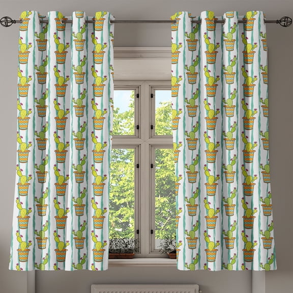 Ambesonne Cactus Grommet Curtain, Vertical Lines Flowers, 50" x 63", Green Orange Mint