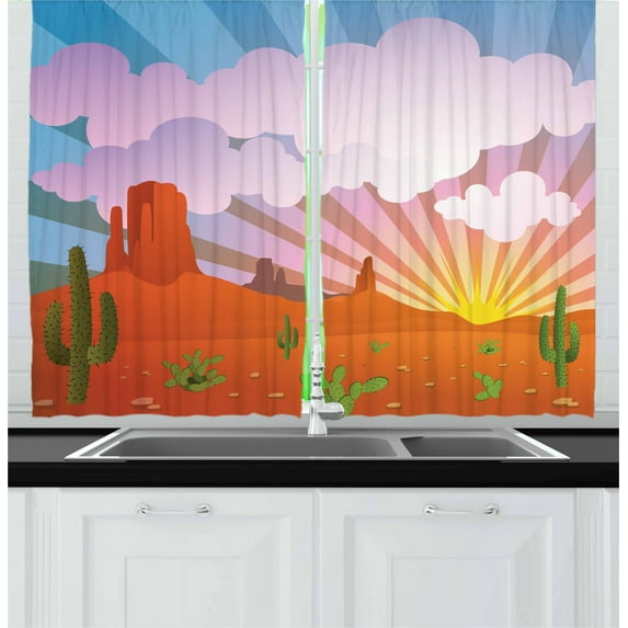 Ambesonne Cactus Kitchen Curtains, Abstract Desert Sunset, 55"x39", Multicolor