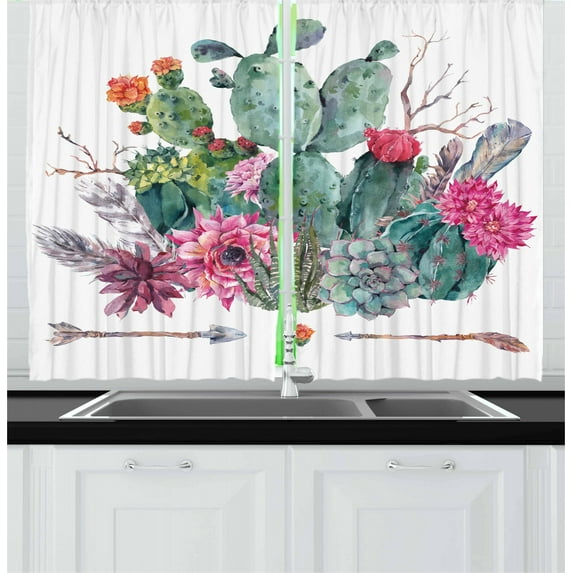 Ambesonne Cactus Kitchen Curtains, Bouquet in Boho Style Arrow, 55"x39", Multicolor