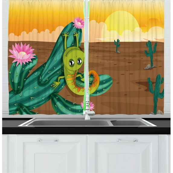 Ambesonne Cactus Kitchen Curtains, Cartoon Desert Landscape, 55"x39", Multicolor