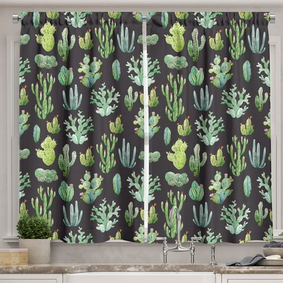 Ambesonne Cactus Kitchen Curtains, Succulent Watercolor Design, 55"x36", Peacock Green and Dark Taupe