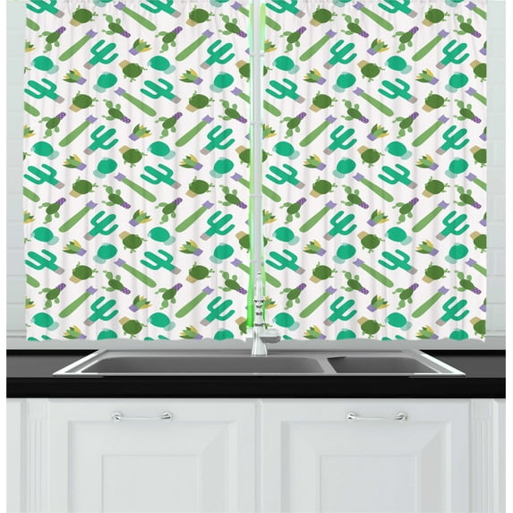 Ambesonne Cactus Kitchen Curtains, Upside down Plants Cartoon, 55"x39", Sea Green Multicolor