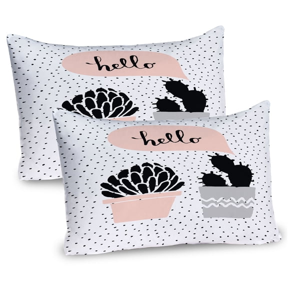 Ambesonne Cactus Pillow Sham 2 Pack, Hand Drawn Plants Hello, 26"x20", Blush Black Grey