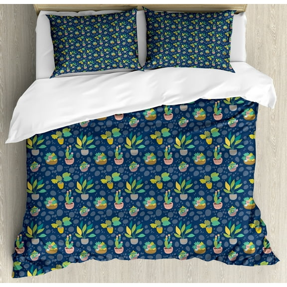 Ambesonne Cactus Print Duvet Cover Sets, House Plant Succulents, 2-King, Dark Sky Blue Multicolor