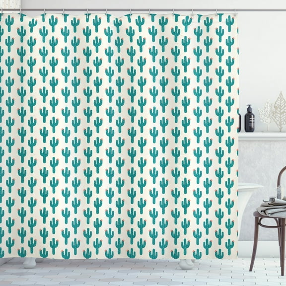 Ambesonne Cactus Print Shower Curtain, Doodle Cacti Flower, 69"Wx70"L, Pale Petrol Blue Ivory