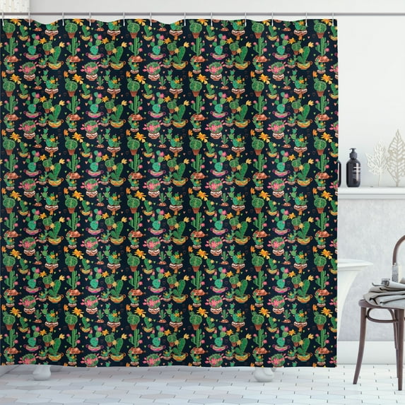 Ambesonne Cactus Print Shower Curtain, Flowers with Cacti, 69"Wx84"L, Charcoal Grey Multicolor