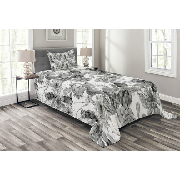 Ambesonne Cactus Quilted Bedspread Set 2 Pcs, Boho Style Botanical, Twin Size, Grey White