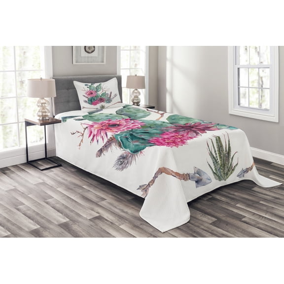 Ambesonne Cactus Quilted Bedspread Set 2 Pcs, Exotic Bouquet Vintage, Twin Size, Green Pink Brown