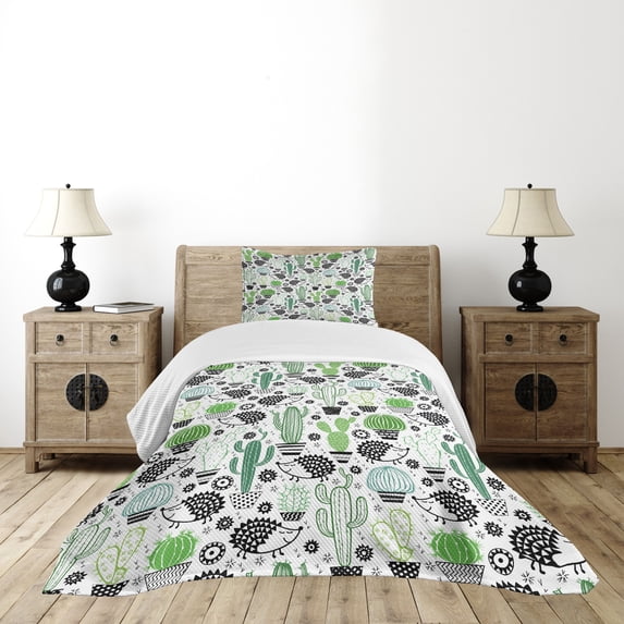 Ambesonne Cactus Quilted Bedspread Set 2 Pcs, Hedgehog Saguaro Cartoon, Twin Size,