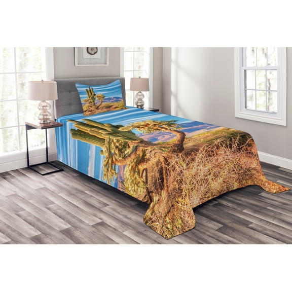 Ambesonne Cactus Quilted Bedspread Set 2 Pcs, Landscape and Prickle Plant, Twin Size, Multicolor