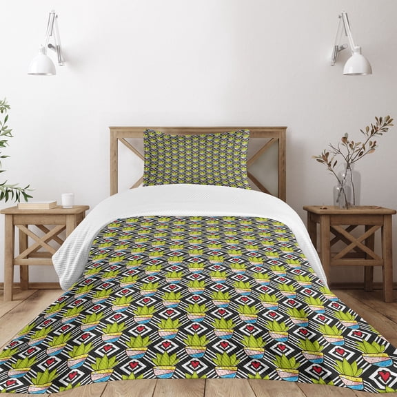 Ambesonne Cactus Quilted Bedspread Set 2 Pcs, Plants Pots Love Theme, Twin Size, Multicolor