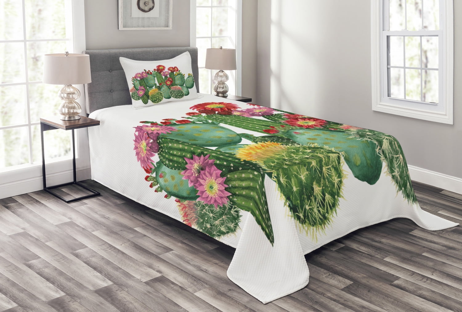 White Twin Kids Unisex Quilted Bedspread Set with Cactus Design