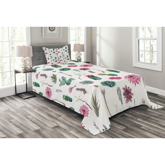 Ambesonne Cactus Quilted Bedspread Set 2 Pcs, Springtime in Hawaii, Twin Size, Multicolor