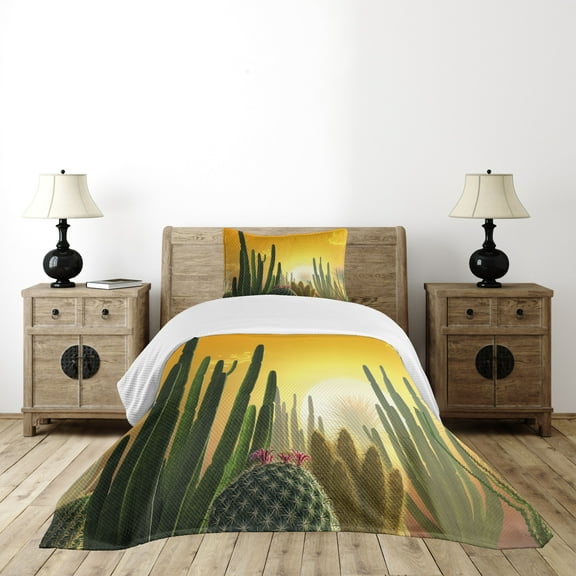 Ambesonne Cactus Quilted Bedspread Set 2 Pcs, Sunset Desert Ecology, Twin Size, Marigold Yellow Green