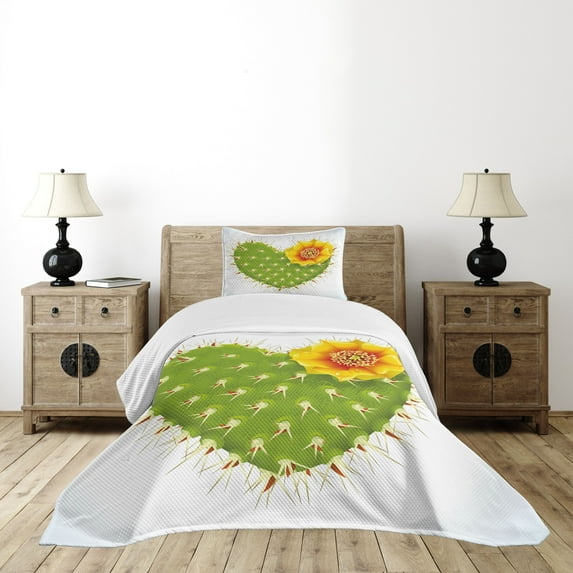 Ambesonne Cactus Quilted Bedspread Set 2 Pcs, Thorny Opuntia Heart, Twin Size, Green Yellow Orange