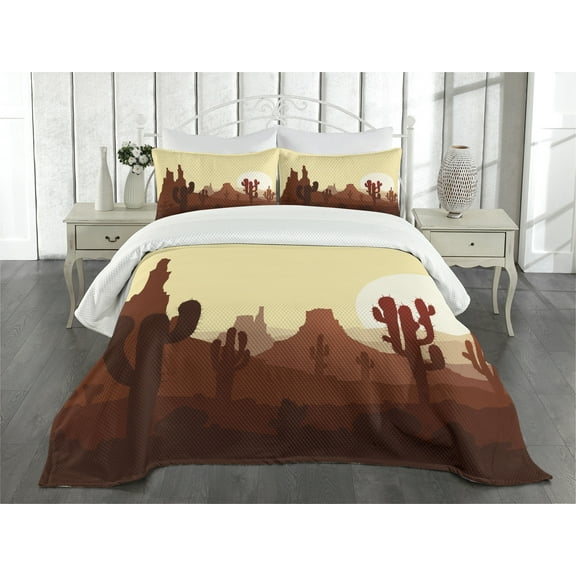 Ambesonne Cactus Quilted Bedspread Set 3 Pcs, Arid Country Eco Sunset, Queen Size, Yellow Brown Redwood