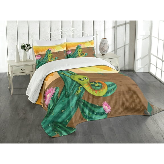 Ambesonne Cactus Quilted Bedspread Set 3 Pcs, Cartoon Desert Landscape, Queen Size, Multicolor