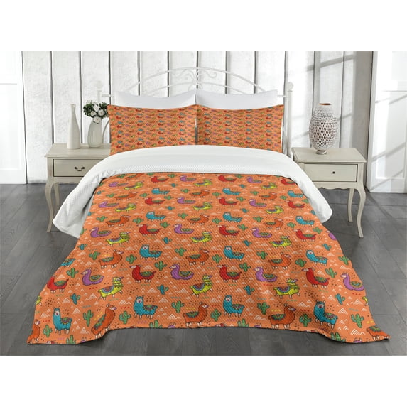 Ambesonne Cactus Quilted Bedspread Set 3 Pcs, Colorful Alpacas Flower, King Size, Multicolor