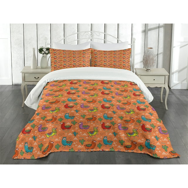 Ambesonne Cactus Quilted Bedspread Set 3 Pcs, Colorful Alpacas Flower, Queen Size, Multicolor