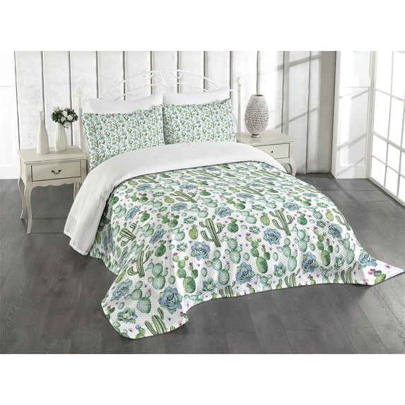 Ambesonne Cactus Quilted Bedspread Set 3 Pcs, Exotic Succulents Set, Queen Size, Multicolor