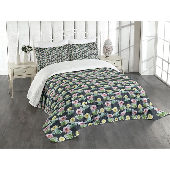 Ambesonne Cactus Quilted Bedspread Set 3 Pcs, Foliage Watercolor Style, Queen Size, Multicolor