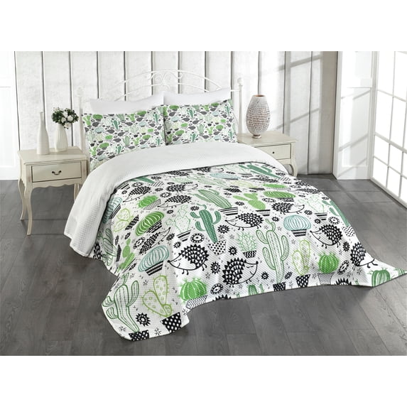 Ambesonne Cactus Quilted Bedspread Set 3 Pcs, Hedgehog Saguaro Cartoon, King Size,