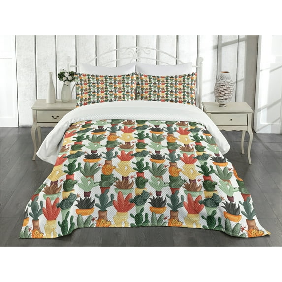 Ambesonne Cactus Quilted Bedspread Set 3 Pcs, Mexican Succulent Plant, King Size, Multicolor
