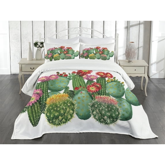 Ambesonne Cactus Quilted Bedspread Set 3 Pcs, Saguaro Tropical Garden, King Size, Multicolor