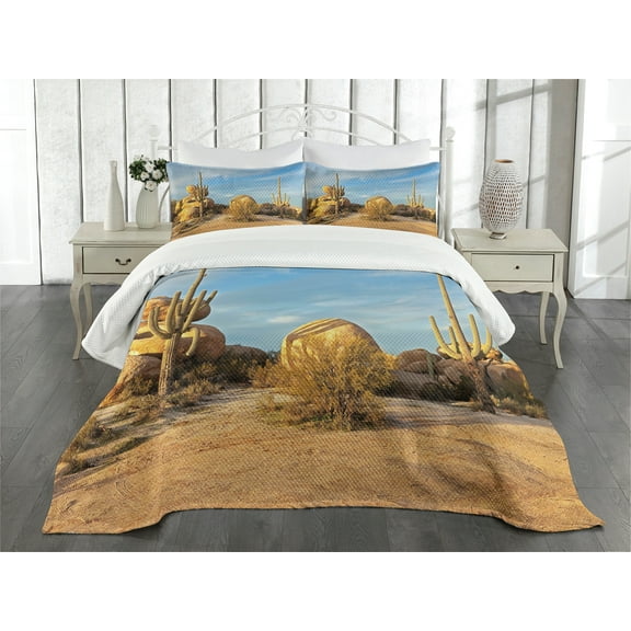 Ambesonne Cactus Quilted Bedspread Set 3 Pcs, Saguaros Boulders Sunset, Queen Size, Pale Blue Pale Brown