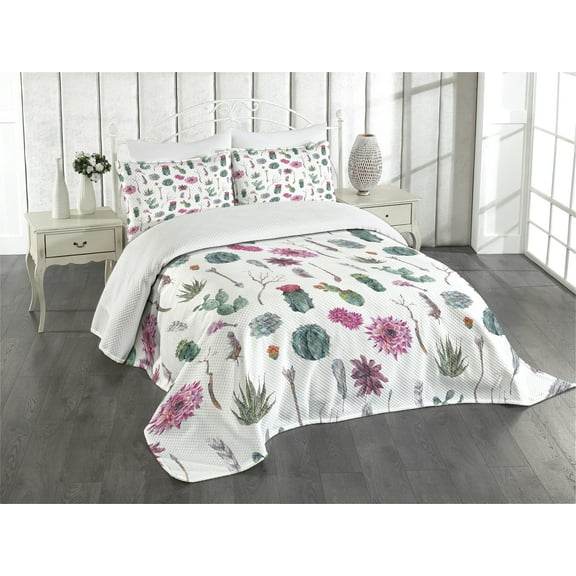 Ambesonne Cactus Quilted Bedspread Set 3 Pcs, Springtime in Hawaii, Queen Size, Multicolor