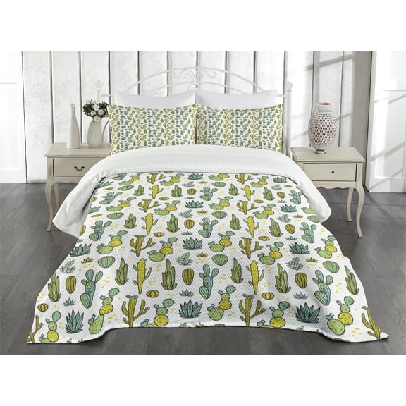 Ambesonne Cactus Quilted Bedspread Set 3 Pcs, Tropical Foliage Motif, Queen Size, Green Reseda Green