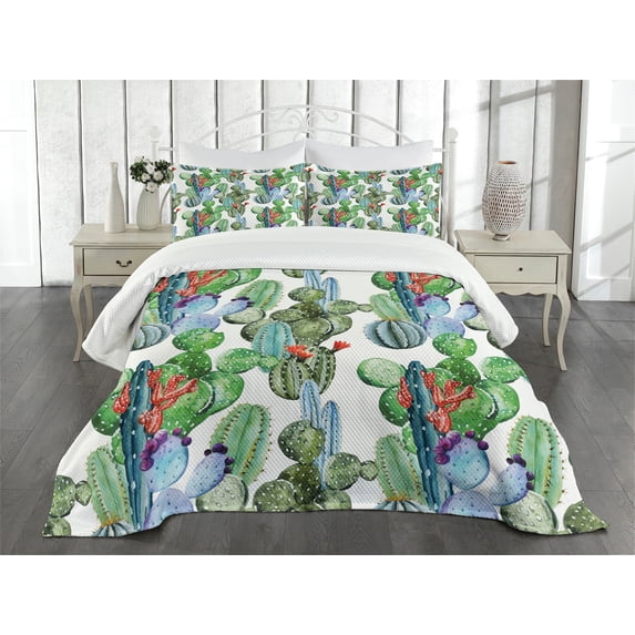 Ambesonne Cactus Quilted Bedspread Set 3 Pcs, Various Types Art, Queen Size, Multicolor