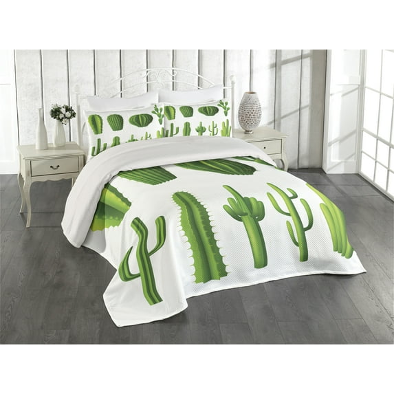 Ambesonne Cactus Quilted Coverlet 3 Pcs, Hot Mexican Desert, Queen Size, Green
