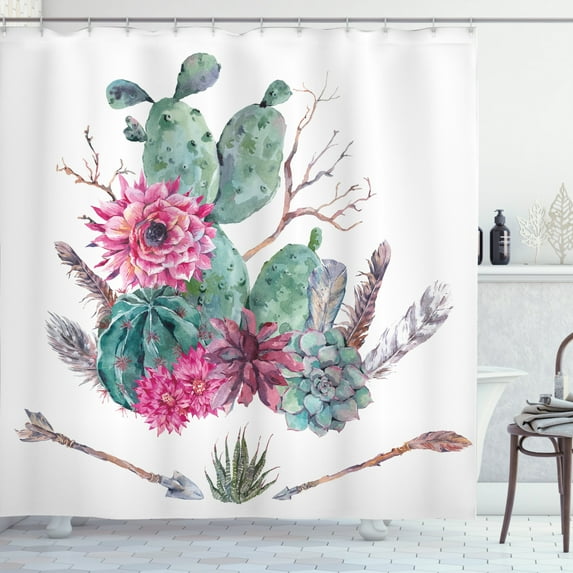 Ambesonne Cactus Shower Curtain, Exotic Bouquet Vintage, 69"Wx84"L, Green Pink Brown