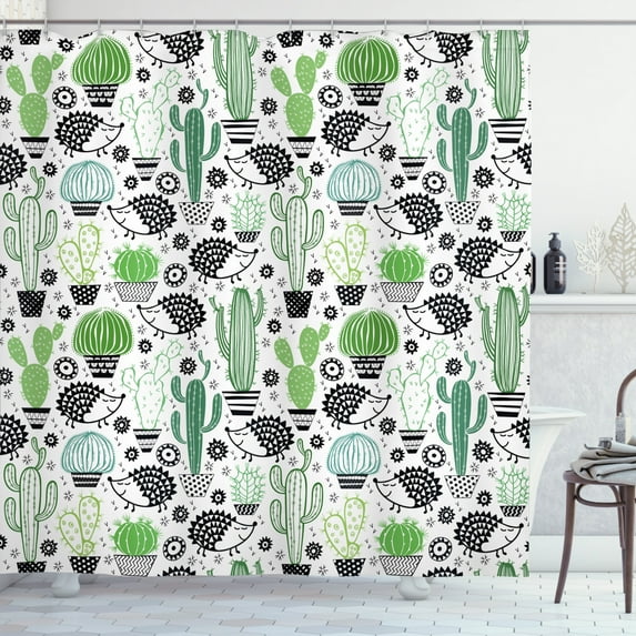 Ambesonne Cactus Shower Curtain, Hedgehog Saguaro Cartoon, 69"Wx84"L,
