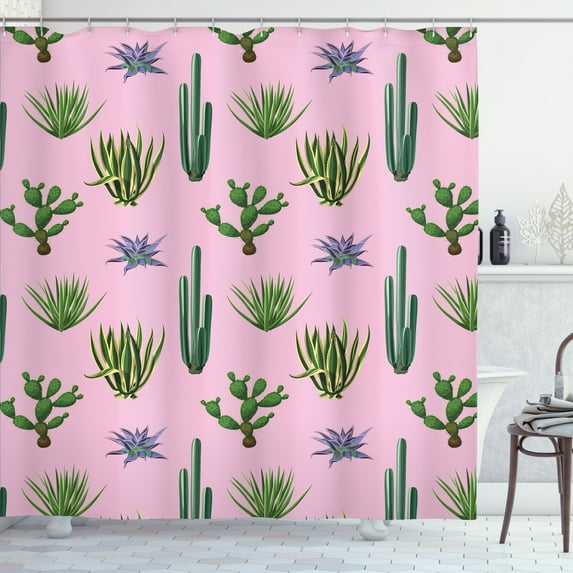 Ambesonne Cactus Shower Curtain, Modern Colorful Desert Herbs, 69"Wx70"L, Pale Pink Fern Green