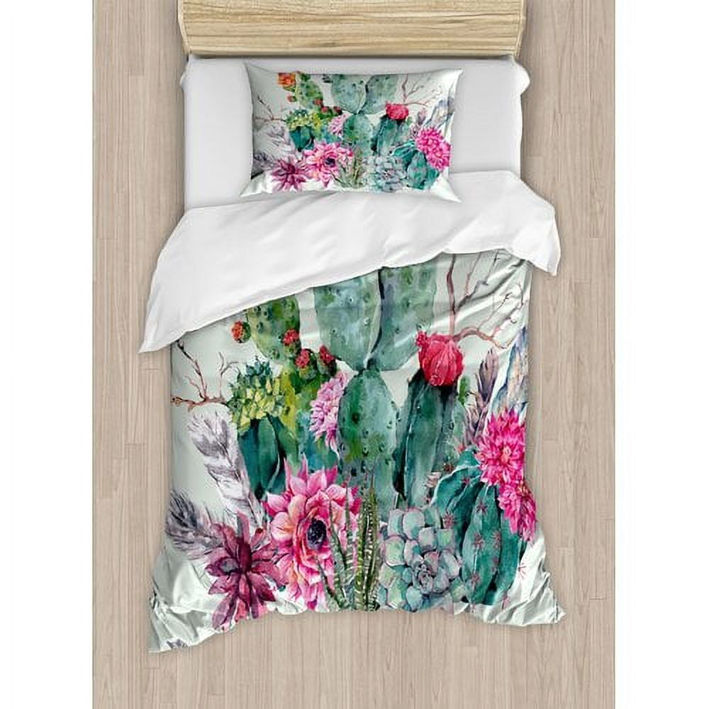 Twin Green and Pink Floral Cactus Duvet Cover Set