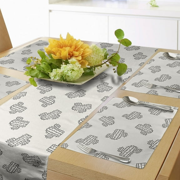 Ambesonne Cactus Table Runner & Placemats, Doodle Exotic Plant, Placemat 4 pcs + Runner 12"x90", Cream Black