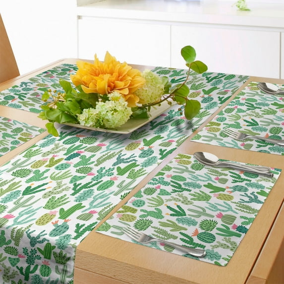 Ambesonne Cactus Table Runner & Placemats, Mexican Theme Cacti Plants, Placemat 4 pcs + Runner 16"x72", White and Seafoam
